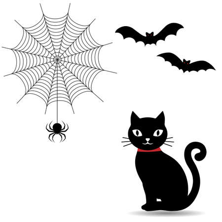 illustration of a black cat with cobwebs and bats on a white backgroundのイラスト素材