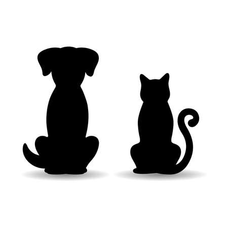 illustration of black silhouettes of dog and cat with shadow on white backgroundのイラスト素材