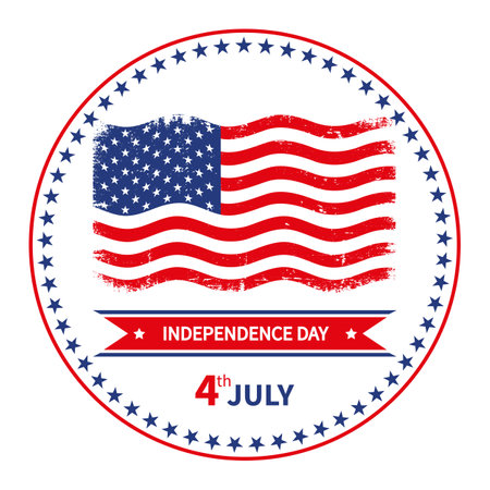Illustration 4th of July Banner, grunge USA flag waving with stars in a circleのイラスト素材