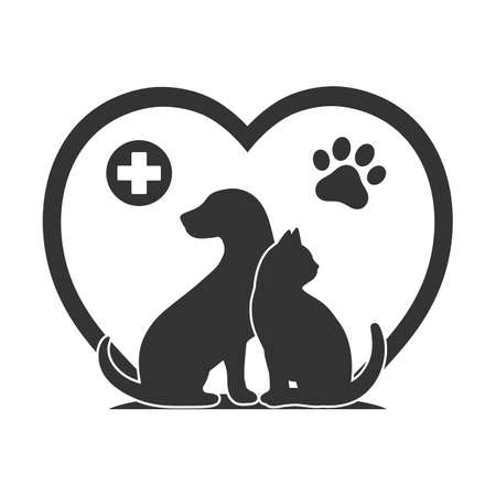 illustration of a dog and a cat on the background of a heart with a paw and a medical crossのイラスト素材