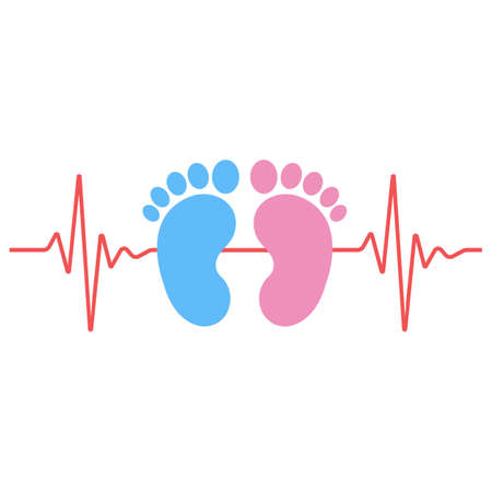 Illustration of imprint of footprints of boy and girl with cardiogram on white backgroundのイラスト素材