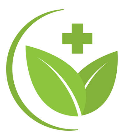 Green pharmacy logo illustration. Leaves with a medical cross on a white backgroundのイラスト素材