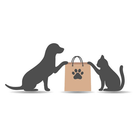 Illustration of a pet shop with a dog and a cat on a white background with a shadowのイラスト素材