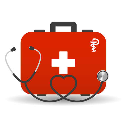 Illustration of a red suitcase of a doctor and a stethoscope on a white background with shadowのイラスト素材