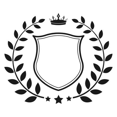 Illustration of a shield with a laurel wreath and a crown on a white backgroundのイラスト素材