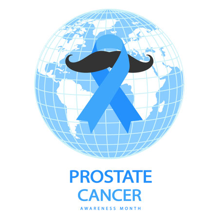 Illustration of prostate cancer.Blue ribbon with a mustache on the background of the globe.のイラスト素材