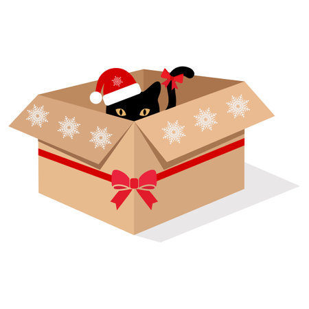 Illustration of a black cat in a festive box with a red ribbonのイラスト素材