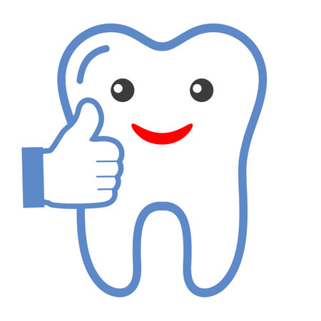 Dentistry logo illustration.Cheerful tooth with thumb up on white backgroundのイラスト素材