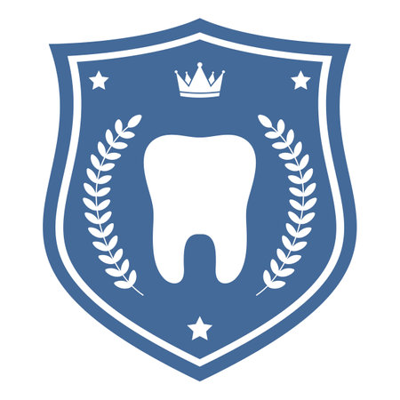 Dental clinic logo illustration.Tooth with laurel wreath on the shieldのイラスト素材
