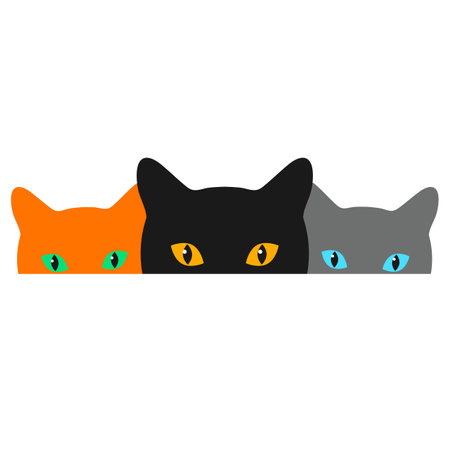 Illustration of cute muzzles of cats of different colors peeking out on a white backgroundのイラスト素材