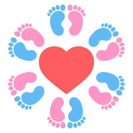 Illustration of footprints of a newborn boy and girl around the heart on a white backgroundのイラスト素材
