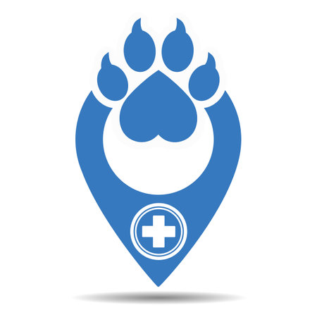 Veterinary clinic logo illustration.Pointer with dog paw and medical cross on white backgroundのイラスト素材