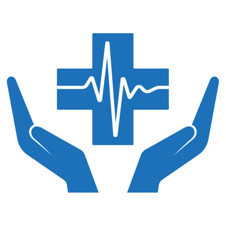 Healthcare logo illustration.Hands holding a medical cross with a pulse on a white background.のイラスト素材