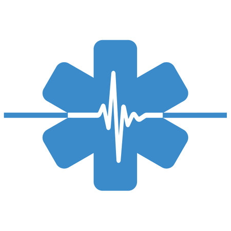 Health care logo illustration.Blue medical cross with a pulse on a white backgroundのイラスト素材