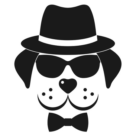 Illustration of a cute muzzle of a dog in a hat and glasses on a white backgroundのイラスト素材