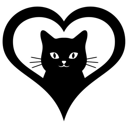 Illustration of a cute black cat in a heart on a white backgroundのイラスト素材