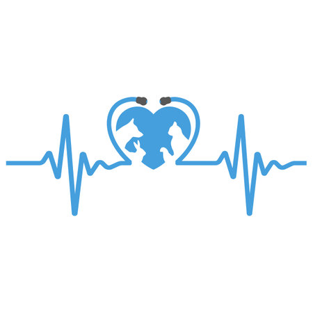 Veterinary clinic logo illustration.Pets in heart with pulse isolated on white backgroundのイラスト素材