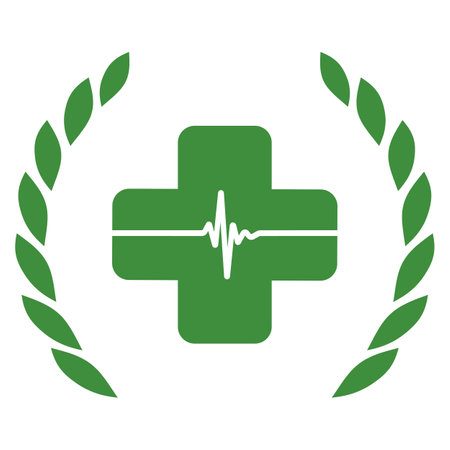 Green pharmacy logo illustration.Leaves in a circle with medical cross on a white backgroundのイラスト素材