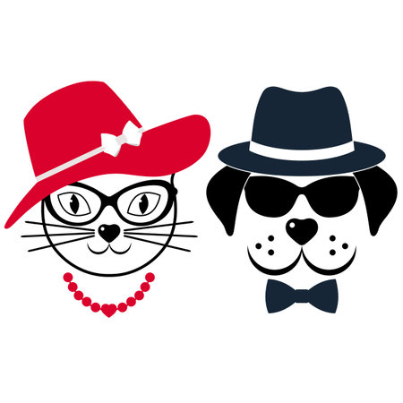 Creative illustration of a dog and a cat in a hat and glasses on a white backgroundのイラスト素材