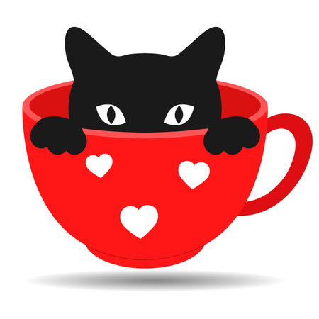 Illustration of a cute black cat in a red cup with shadow and hearts on a white backgroundのイラスト素材
