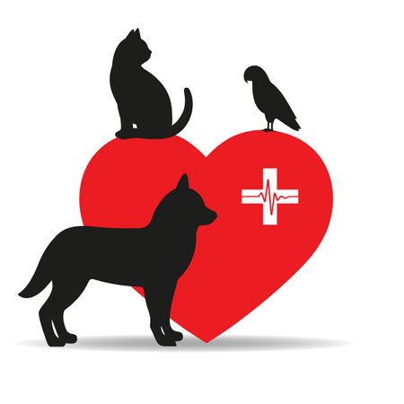 Illustration of a logo of a veterinary clinic. Pets on the background of a heart with a medical crossのイラスト素材