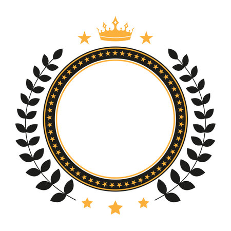 Circle emblem illustration with bay leaf and crown on white backgroundのイラスト素材