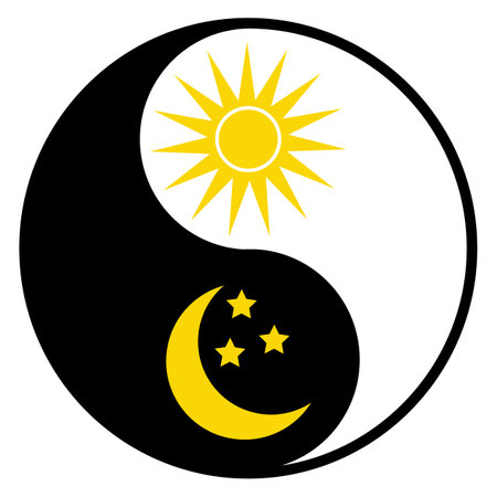 Yin yang illustration with sun and moon with stars on white backgroundのイラスト素材