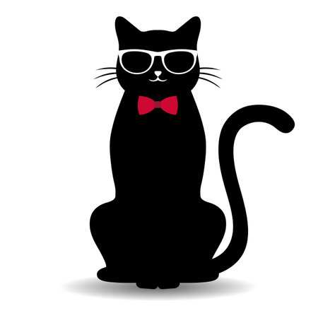 Illustration of a cute black cat in glasses with a bow tie and a shadow on a white backgroundのイラスト素材