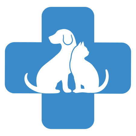Illustration of the logo of a veterinary clinic.Silhouette of a dog and a cat with a medical cross on a white background.のイラスト素材