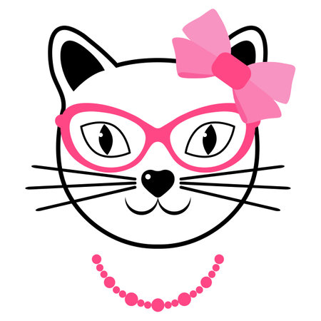 Illustration of a cute cat with glasses and a pink bow on a white backgroundのイラスト素材