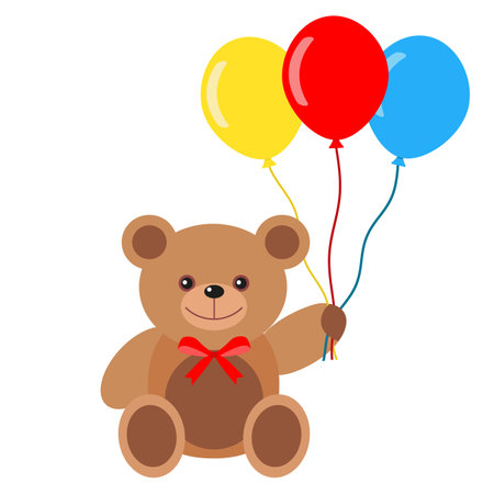 Illustration of a cute teddy bear with colorful balloons and a bow on a white backgroundのイラスト素材