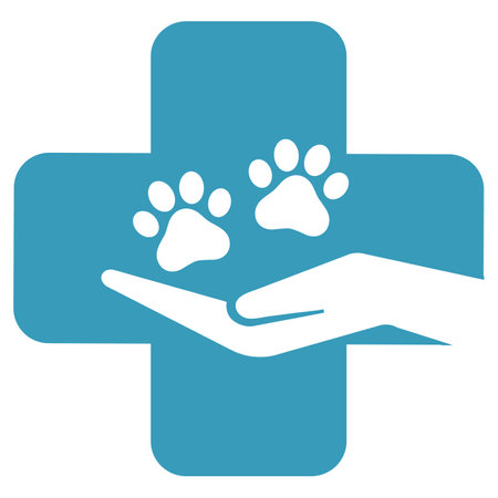 Illustration of a veterinary clinic logo. A hand holds a dog's paws on the background of a medical cross.のイラスト素材
