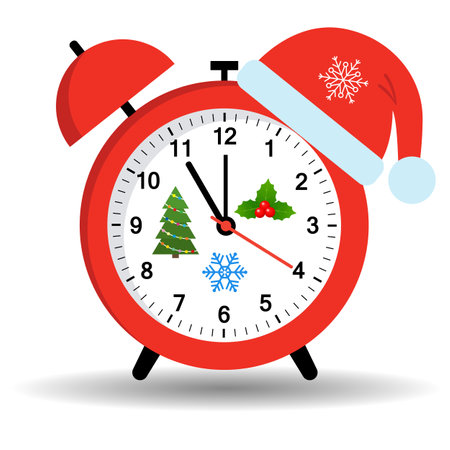 Alarm clock with Santa Claus hat on the white background. Vector illustration.のイラスト素材