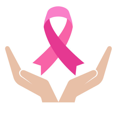 Breast cancer awareness pink ribbon in hands on a white background.のイラスト素材