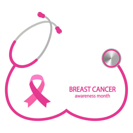 Illustration of pink breast cancer awareness ribbon on white backgroundのイラスト素材