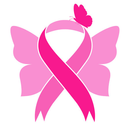 Breast cancer awareness ribbon and butterfly isolated on white background. Vector illustration.のイラスト素材