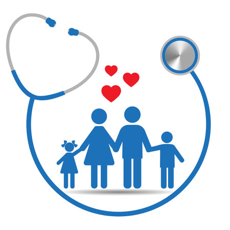 Illustration of a family with a blue stethoscope and pulse on a white backgroundのイラスト素材