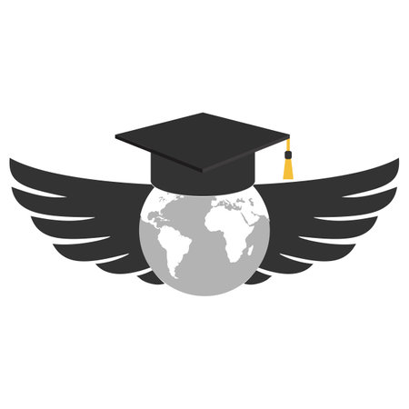 Illustration of a graduate hat with wings flying around the earth on a white background.のイラスト素材