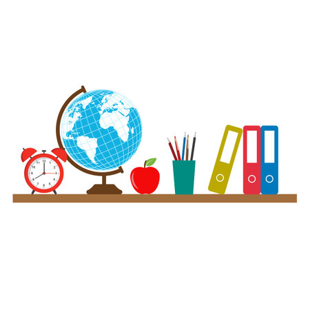 Illustration of a globe and school supplies on a white background.のイラスト素材