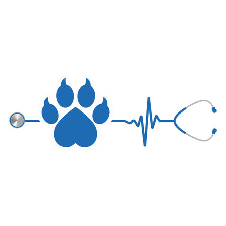 Illustration of a stethoscope with a pulse and a dog's paw on a white backgroundのイラスト素材