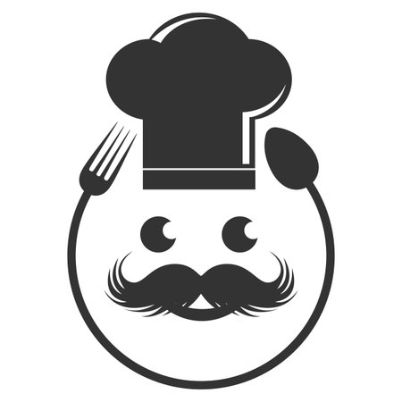 Illustration of a chef's hat with a fork and spoon on a white background.のイラスト素材
