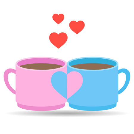 Two cups of coffee with hearts on a white background. Vector illustrationのイラスト素材