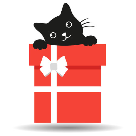 Illustration of a cute black cat sitting in a red gift box on a white background.のイラスト素材