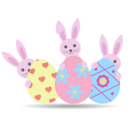 Illustration of cute pink Easter bunnies with colorful eggs on white background.のイラスト素材