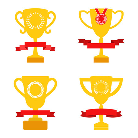 Illustration of a set of winner cups with banner on a white background.のイラスト素材