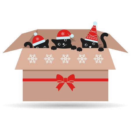 Illustration of cute black cats in a gift box with a red bow on a white backgroundのイラスト素材