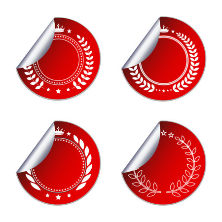 Illustration of a set of red labels with laurel wreaths and ribbons on a white backgroundのイラスト素材