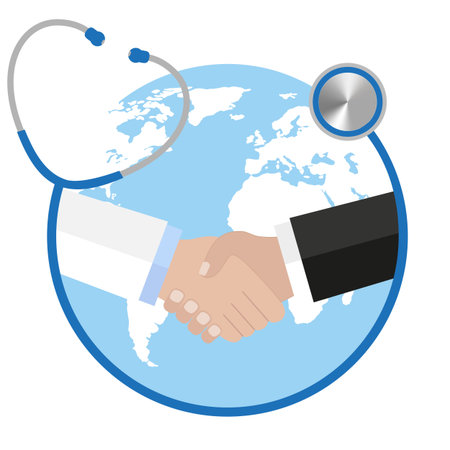 Handshake and Stethoscope on the background of the globe.のイラスト素材