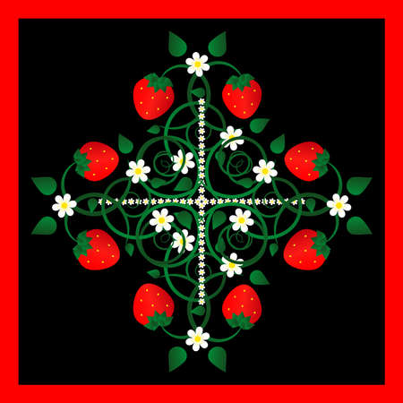 strawberry with flowers on black backgroundのイラスト素材