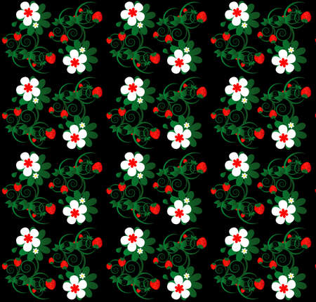 strawberry with flower seamless texture on black backgroundのイラスト素材